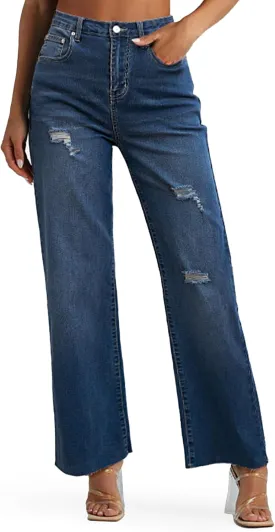 Genleck Women's Wide Leg Jeans - Casual High Waisted Stretchy Jeans Straight Leg Denim Pants with Pockets