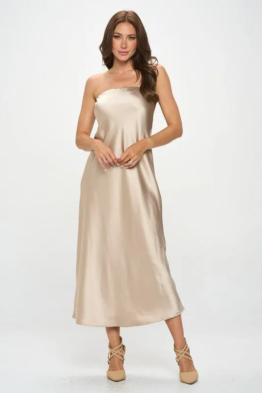 Gold Maxi Dress Silky Satin Tube Draped Dress Made in the USA Formal Long Dress