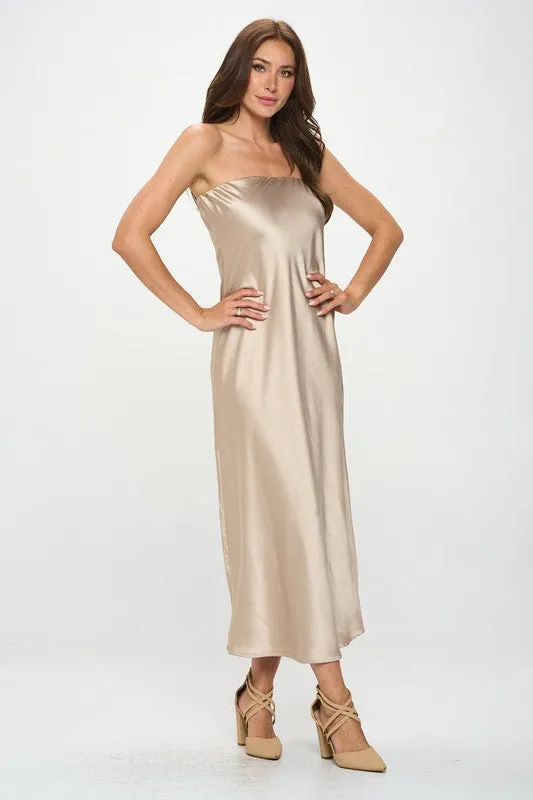 Gold Maxi Dress Silky Satin Tube Draped Dress Made in the USA Formal Long Dress