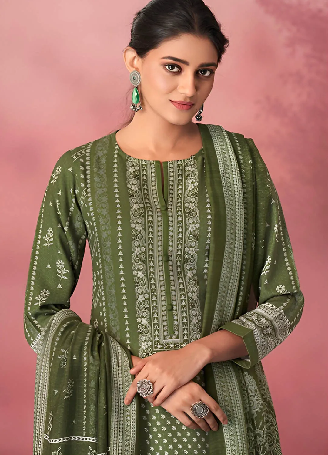 Green Unstitched Pashmina Winter Suit Material with Muslin Silk Dupatta