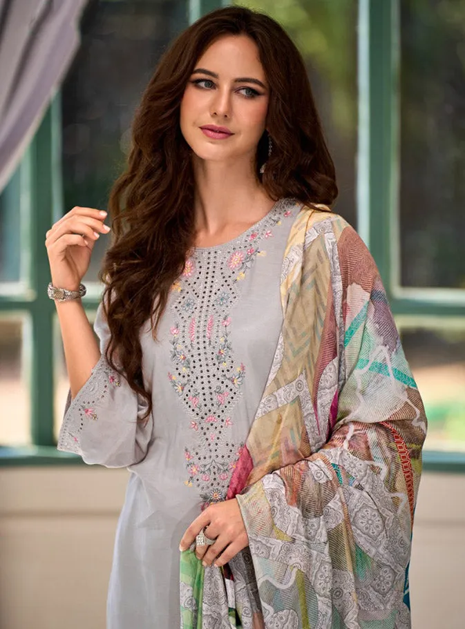 Grey Unstitched Muslin Silk Suit Dress Material for Women