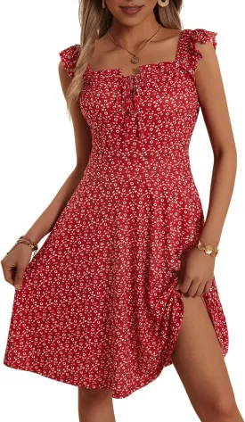 HUHOT Summer Sun Dresses for Women 2025 Adjustable Square Neck Sleeveless Midi Floral Graduation Beach Casaul Sundresses
