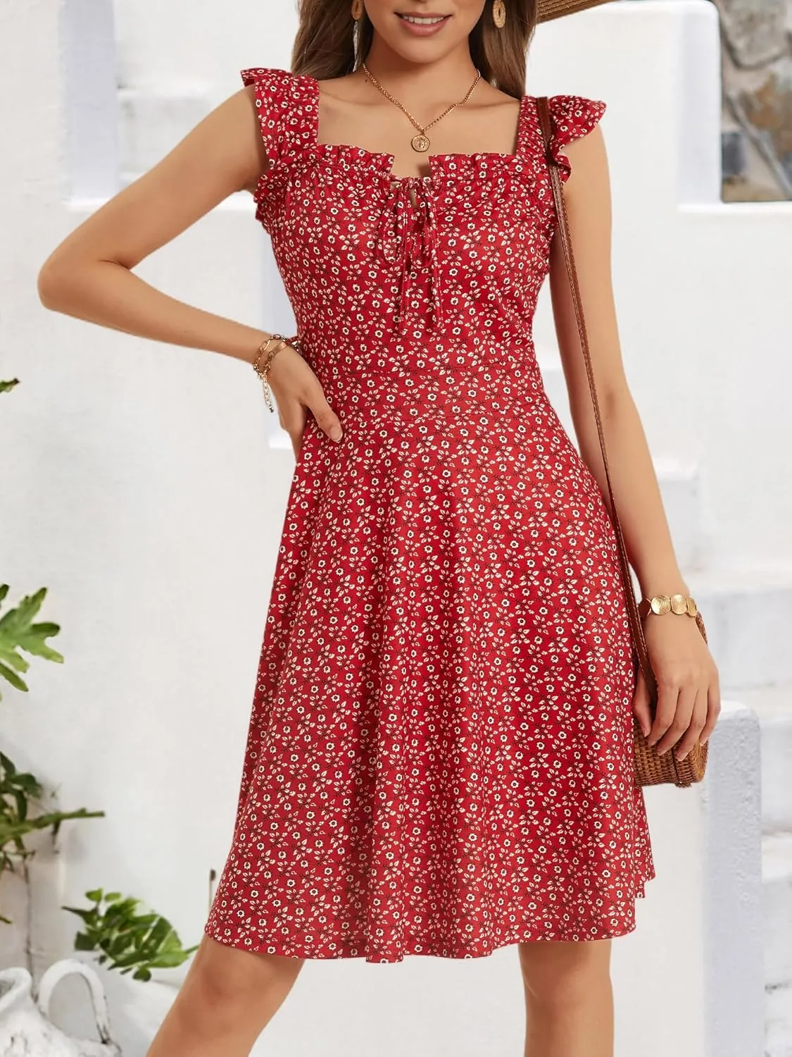 HUHOT Summer Sun Dresses for Women 2025 Adjustable Square Neck Sleeveless Midi Floral Graduation Beach Casaul Sundresses