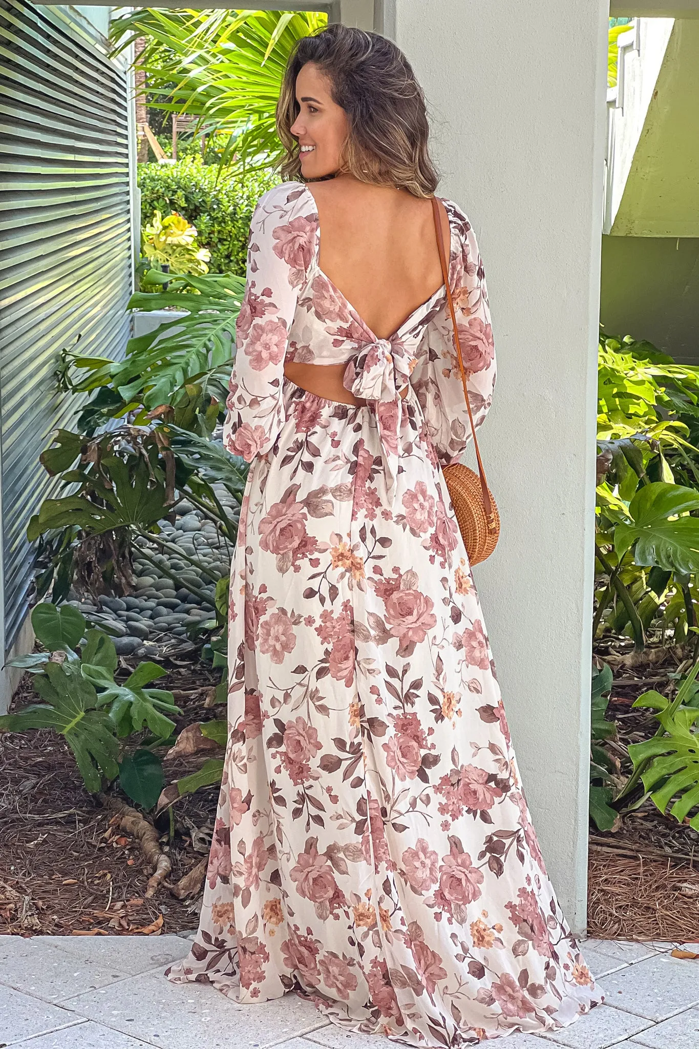 Ivory And Mauve Floral Maxi Dress With Long Sleeves