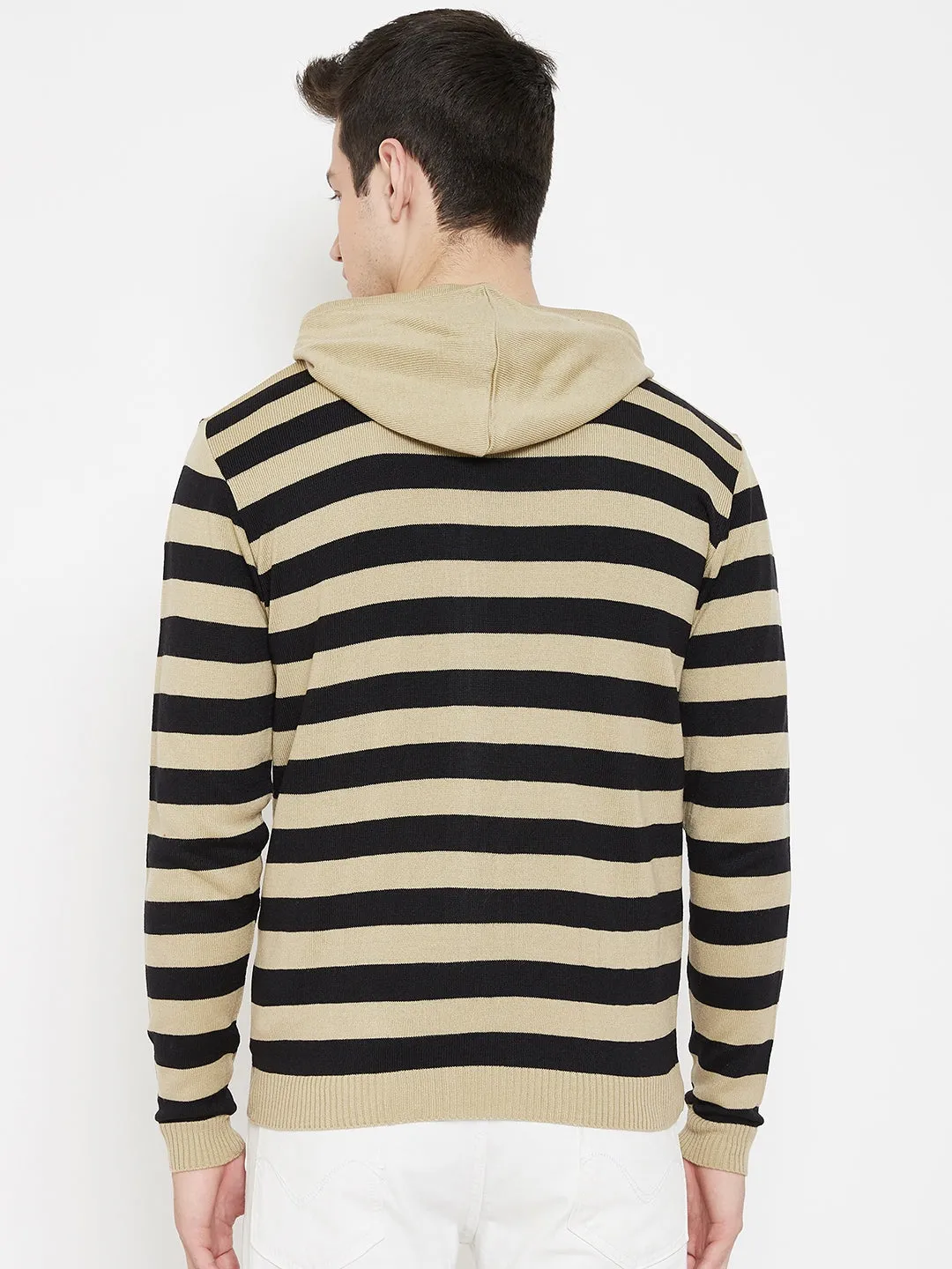 JUMP USA Men Beige Striped Hood Casual Front-Open Sweaters