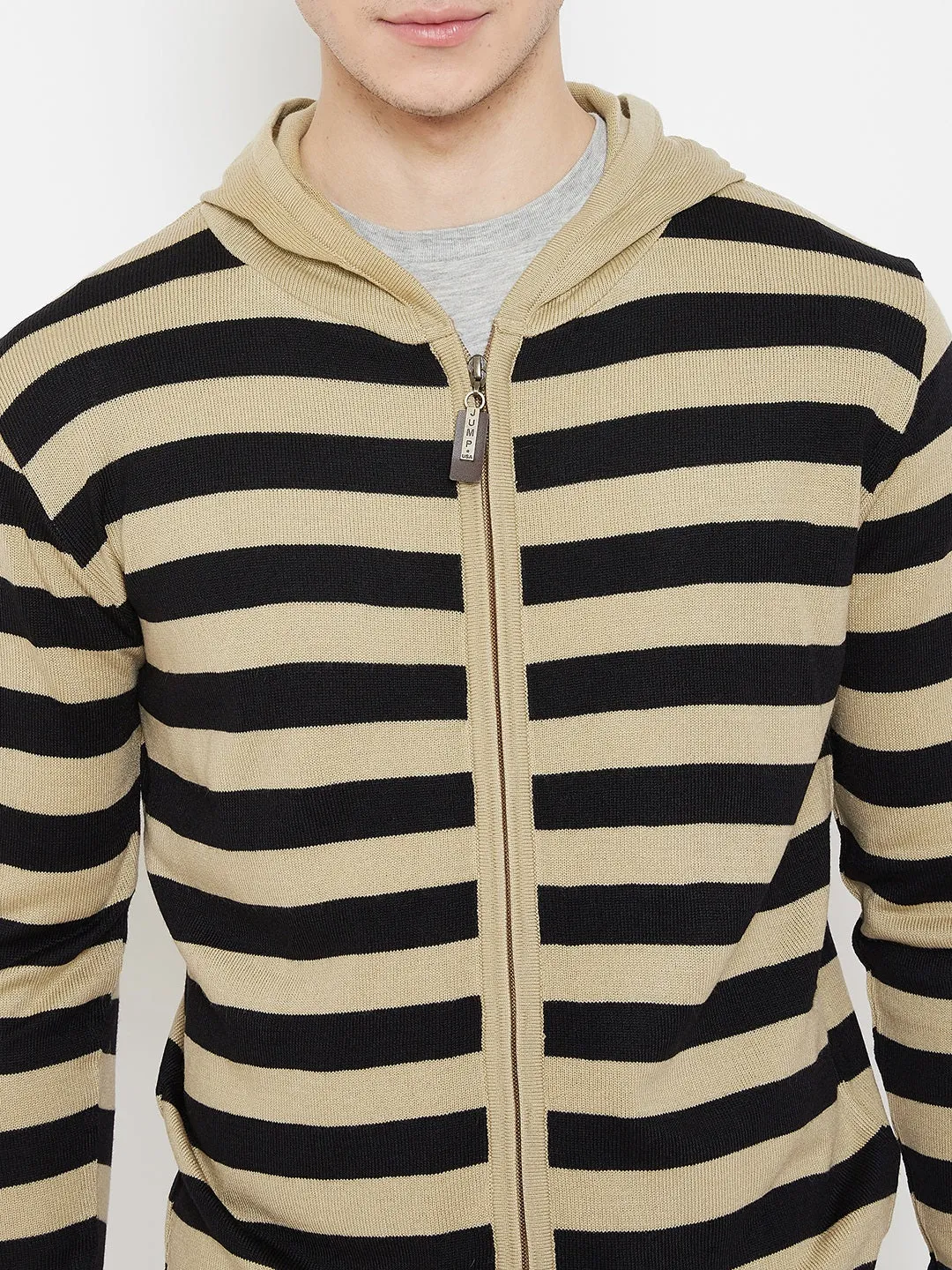 JUMP USA Men Beige Striped Hood Casual Front-Open Sweaters