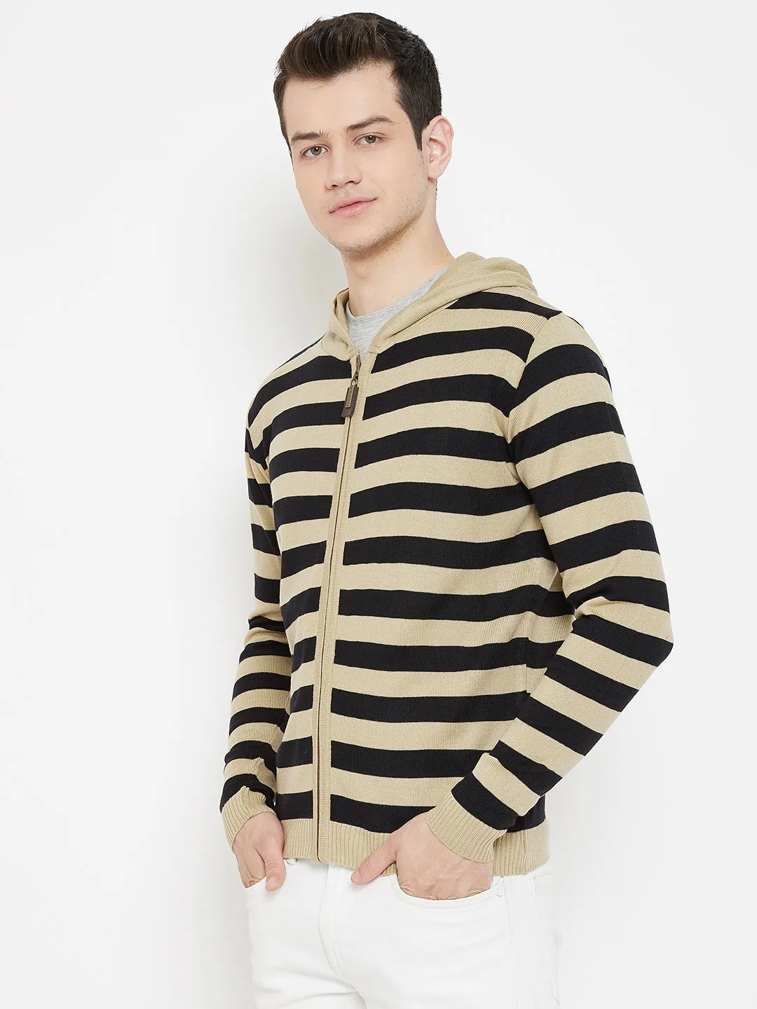 JUMP USA Men Beige Striped Hood Casual Front-Open Sweaters