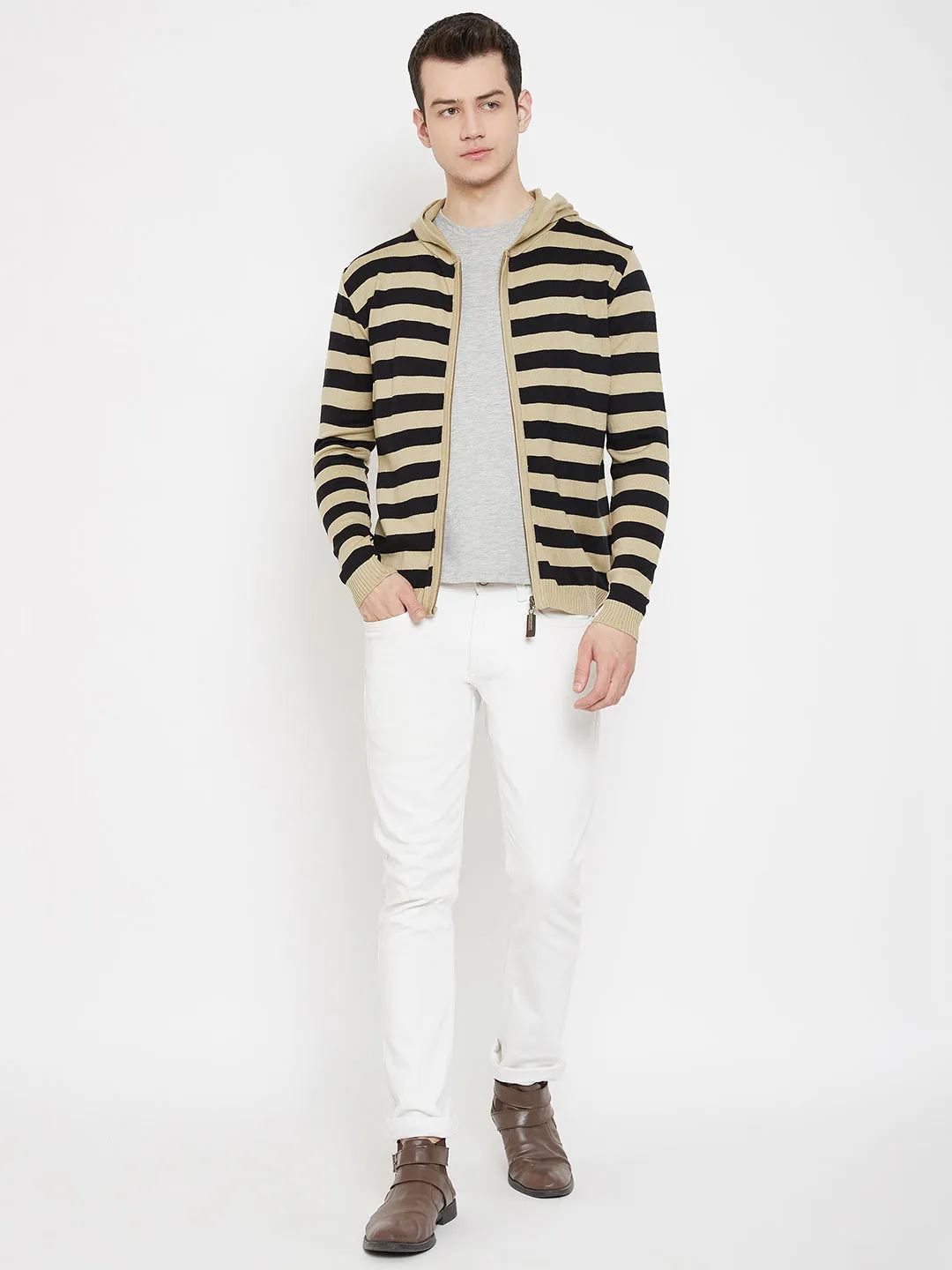 JUMP USA Men Beige Striped Hood Casual Front-Open Sweaters