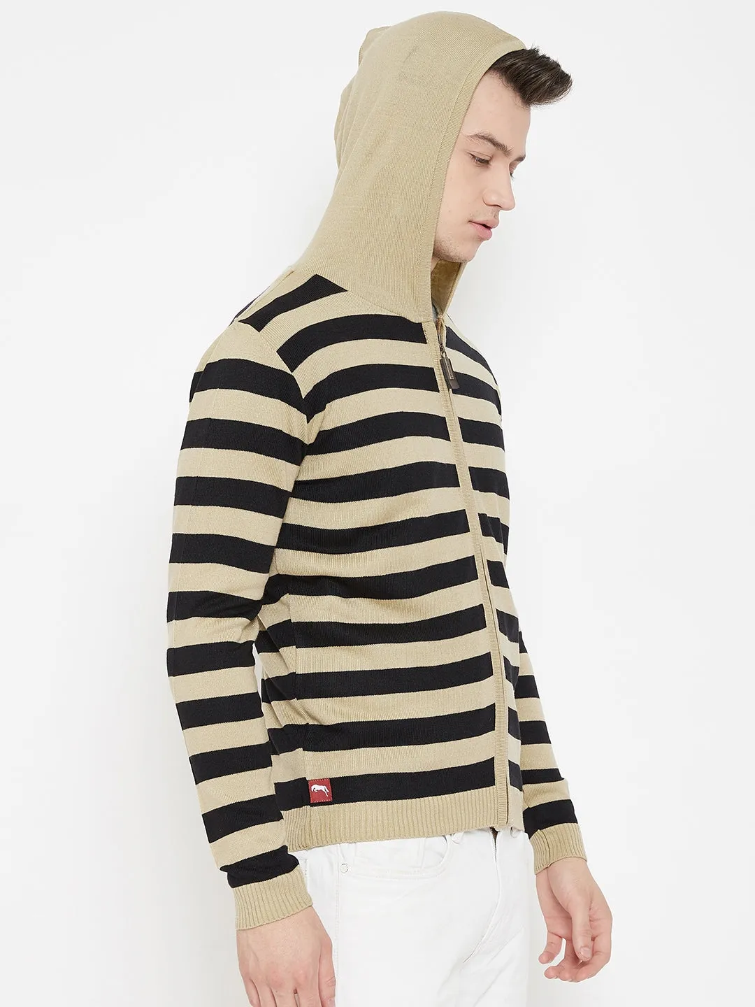 JUMP USA Men Beige Striped Hood Casual Front-Open Sweaters