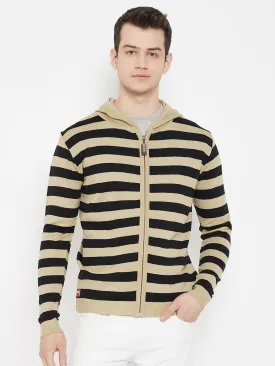 JUMP USA Men Beige Striped Hood Casual Front-Open Sweaters
