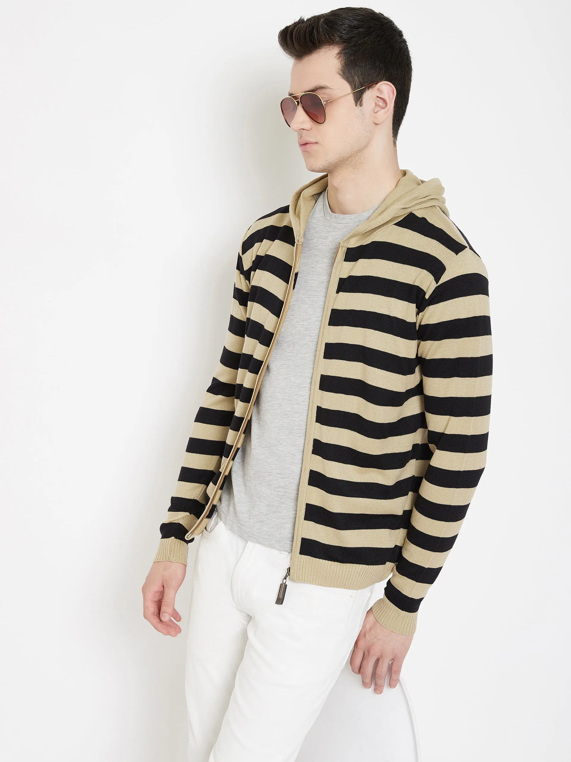 JUMP USA Men Beige Striped Hood Casual Front-Open Sweaters