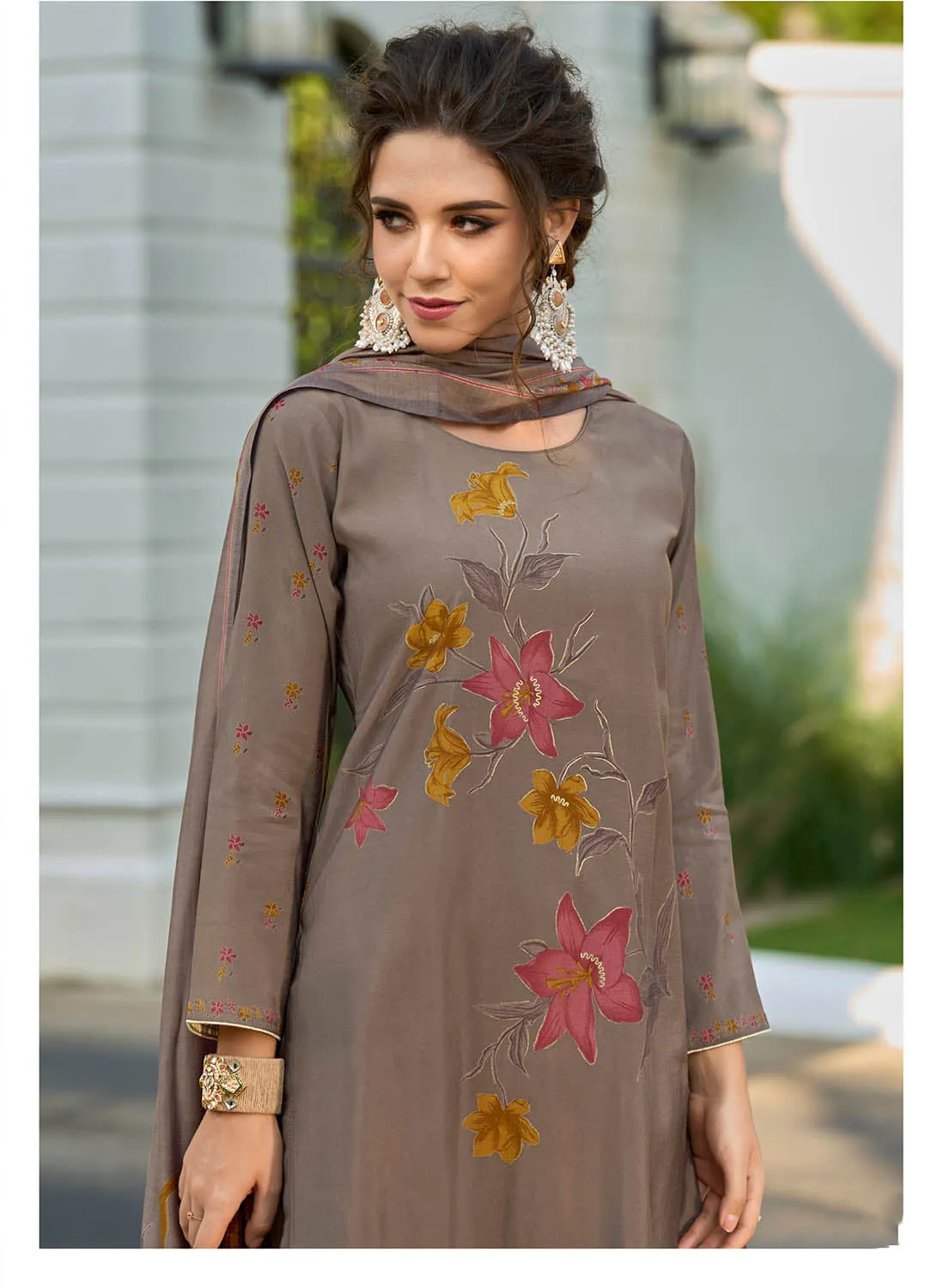 Kilory Pure Muslin Brown Unstitched Suit Dress Material for Women