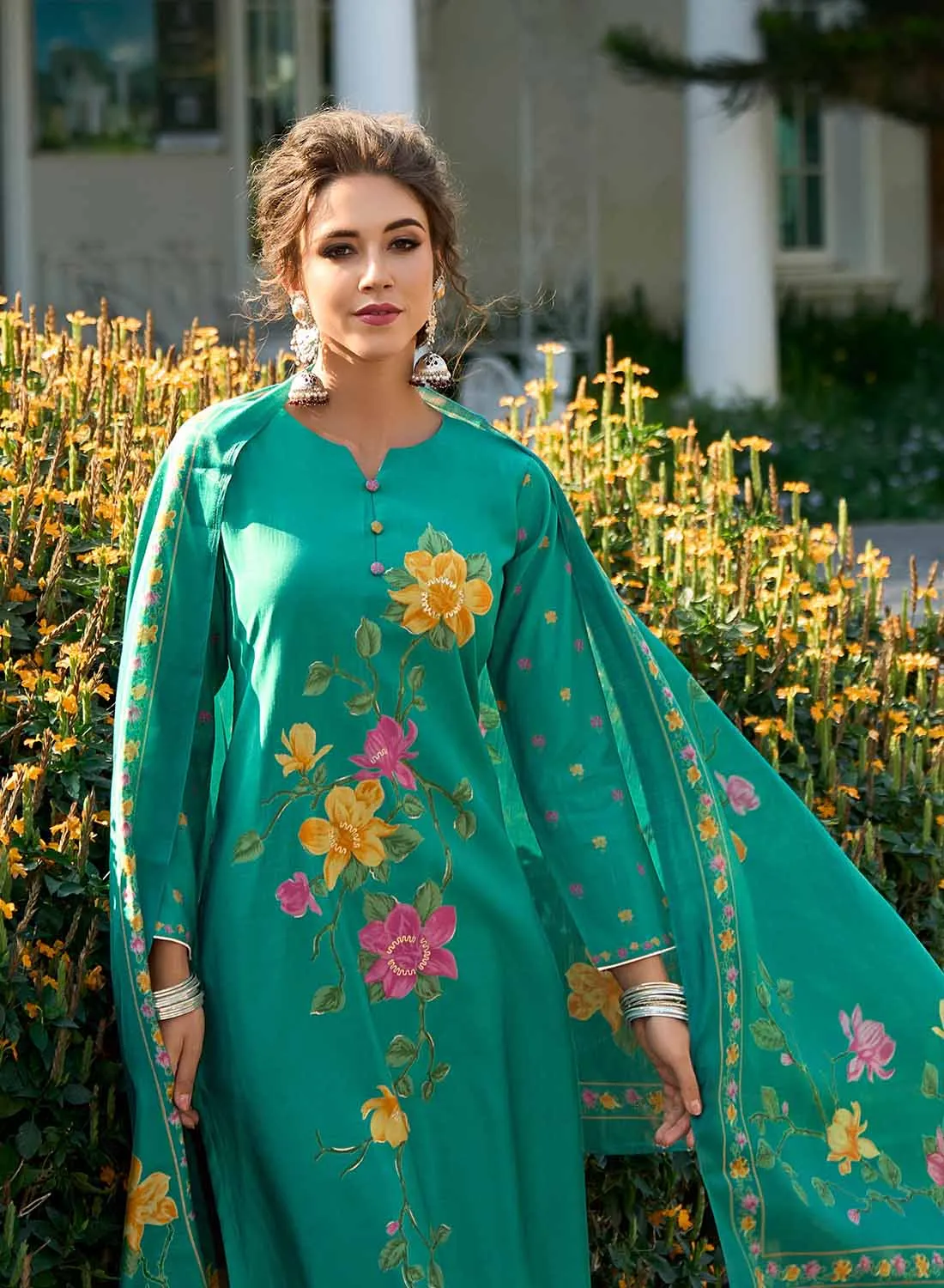 Kilory Pure Muslin Green Unstitched Suit Dress Material for Women