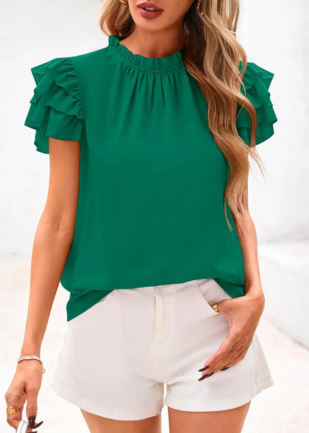 KIRUNDO Womens Blouse 2025 Spring Summer Dressy Casual Ruffle Short Sleeve Frill Mock Neck Work Shirt Tops Fashion Clothing
