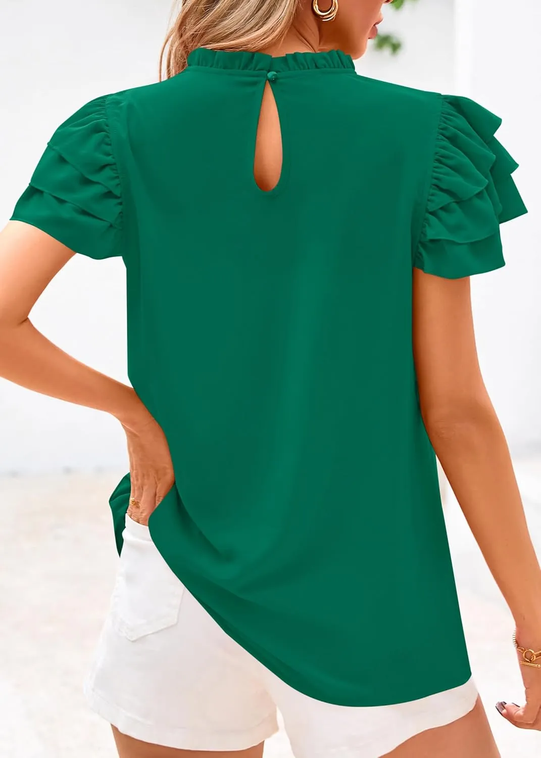 KIRUNDO Womens Blouse 2025 Spring Summer Dressy Casual Ruffle Short Sleeve Frill Mock Neck Work Shirt Tops Fashion Clothing