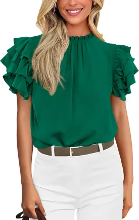 KIRUNDO Womens Blouse 2025 Spring Summer Dressy Casual Ruffle Short Sleeve Frill Mock Neck Work Shirt Tops Fashion Clothing