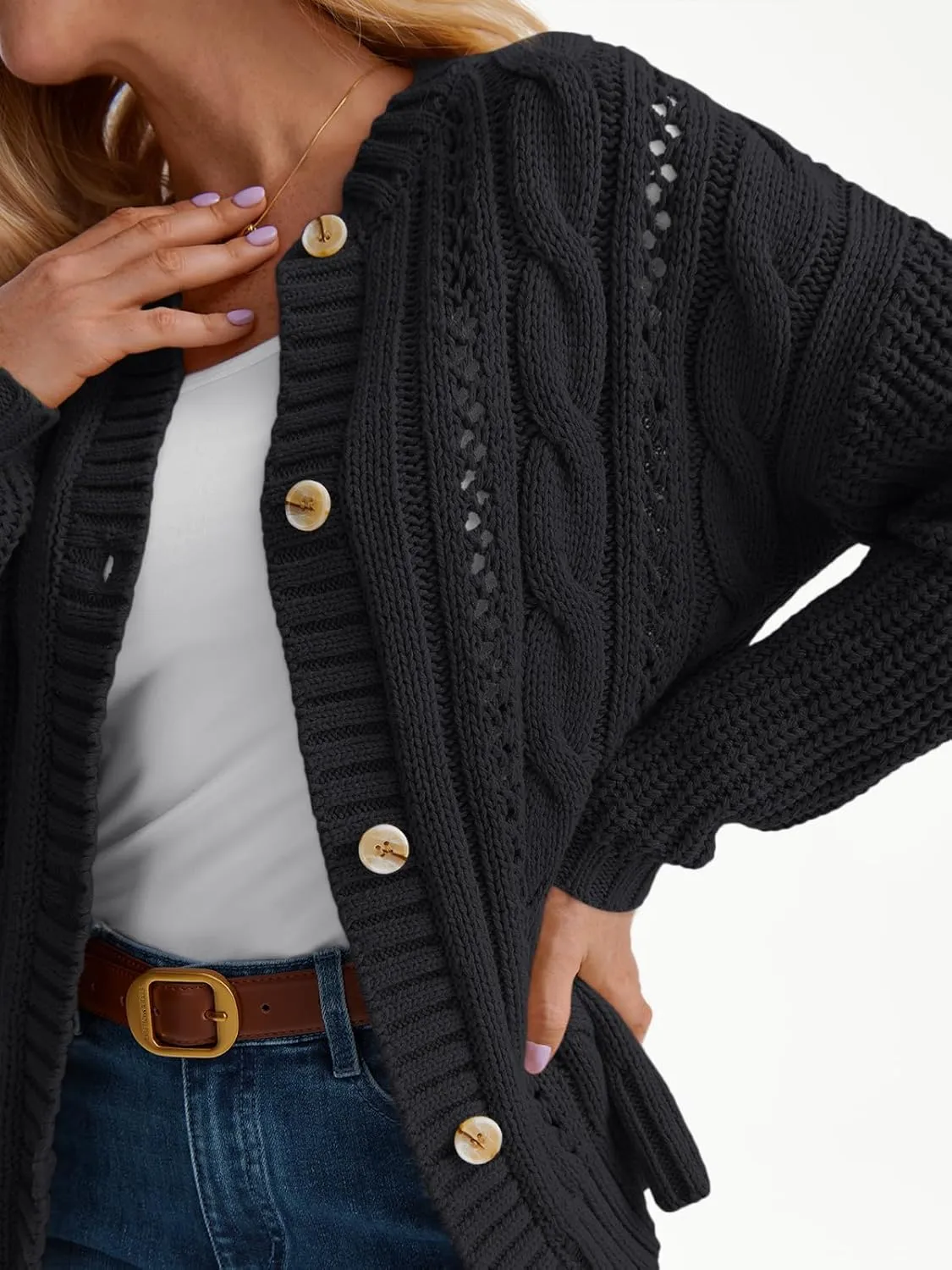 LILLUSORY Women's Cardigan Sweaters Cable Knit Crochet Cotton Fall Jackets Button Up Chunky Trendy Outfits