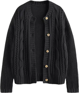 LILLUSORY Women's Cardigan Sweaters Cable Knit Crochet Cotton Fall Jackets Button Up Chunky Trendy Outfits