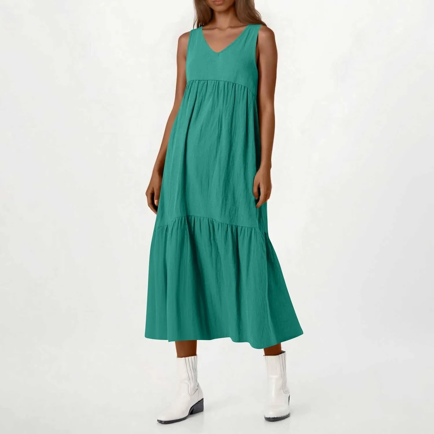 Linen Dresses for Women 2025 Summer Plus Size Casual Dresses Sleeveless V Neck Beach Flowy Long Dress with Pockets