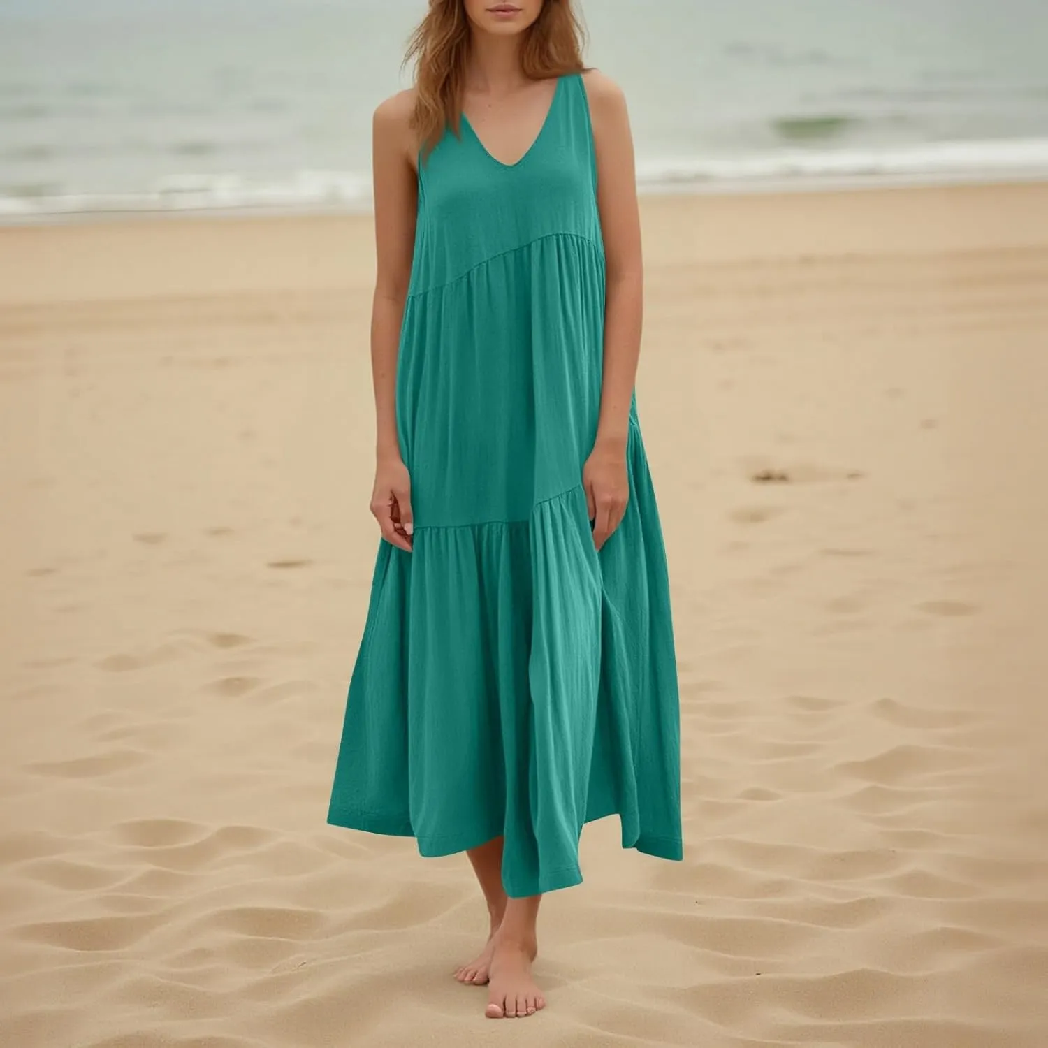 Linen Dresses for Women 2025 Summer Plus Size Casual Dresses Sleeveless V Neck Beach Flowy Long Dress with Pockets