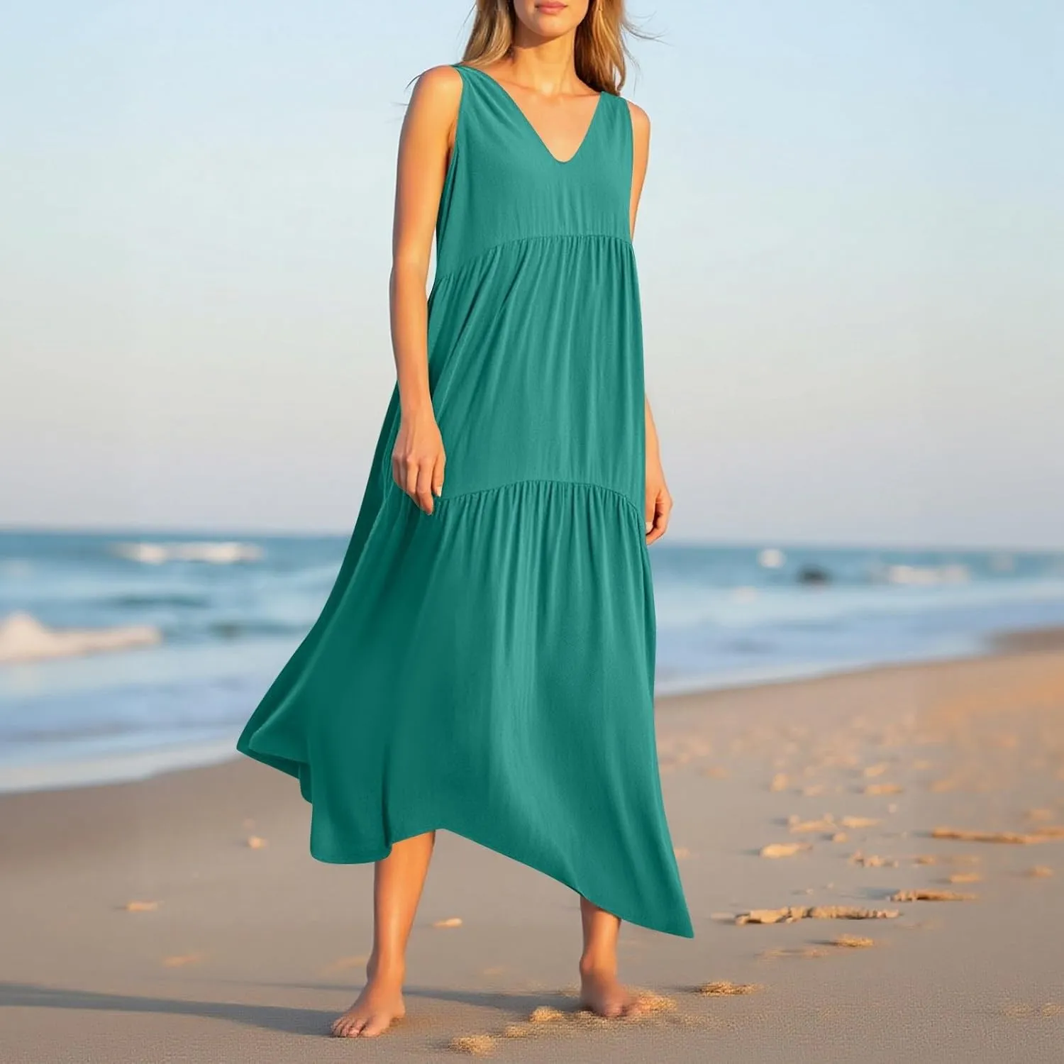 Linen Dresses for Women 2025 Summer Plus Size Casual Dresses Sleeveless V Neck Beach Flowy Long Dress with Pockets