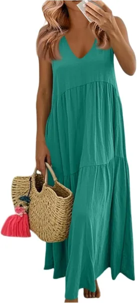 Linen Dresses for Women 2025 Summer Plus Size Casual Dresses Sleeveless V Neck Beach Flowy Long Dress with Pockets