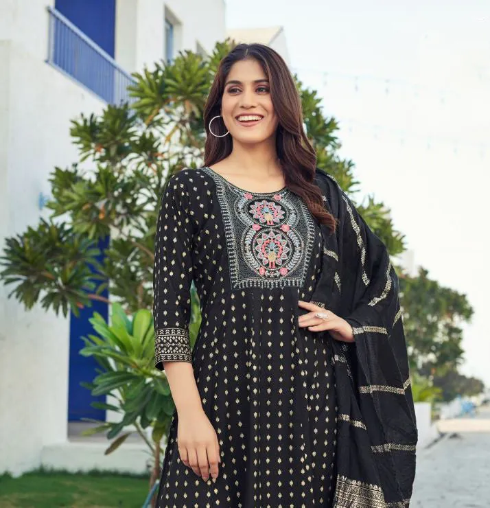 Magical Black Color Rayon Kurti And Superb Palazzo Suits With Dupatta Sets For Women