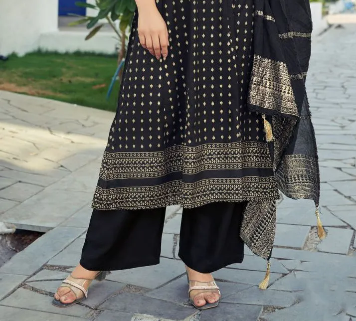 Magical Black Color Rayon Kurti And Superb Palazzo Suits With Dupatta Sets For Women