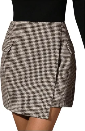MakeMeChic Women's Houndstooth Print Bodycon Mini Skirt Wrap Asymmetrical Hem Business Skirts