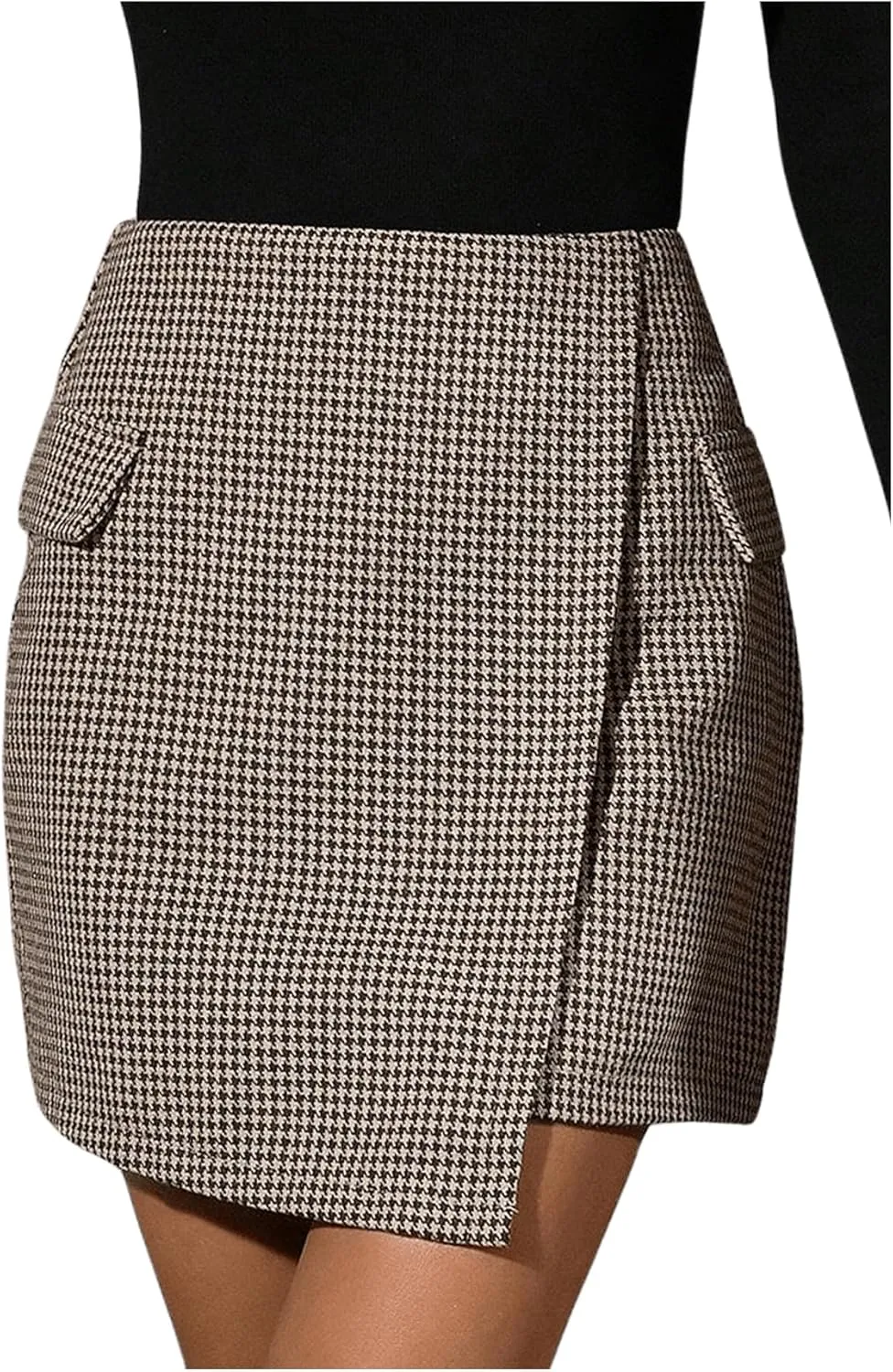 MakeMeChic Women's Houndstooth Print Bodycon Mini Skirt Wrap Asymmetrical Hem Business Skirts