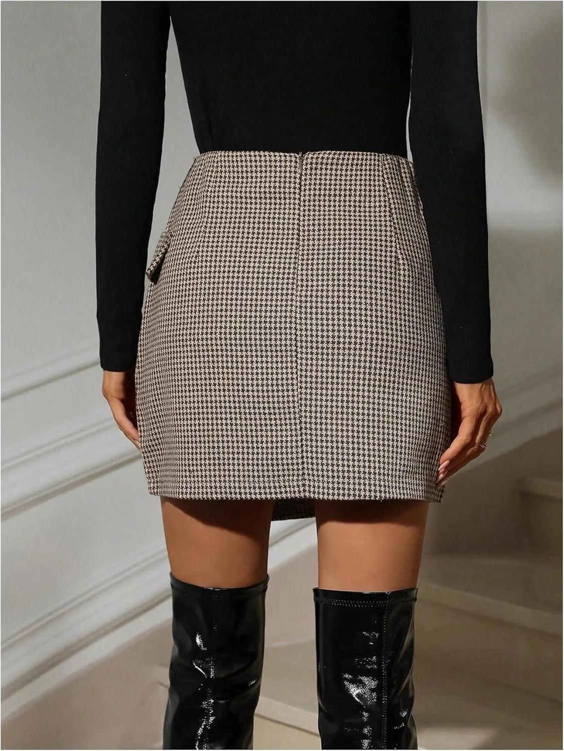 MakeMeChic Women's Houndstooth Print Bodycon Mini Skirt Wrap Asymmetrical Hem Business Skirts