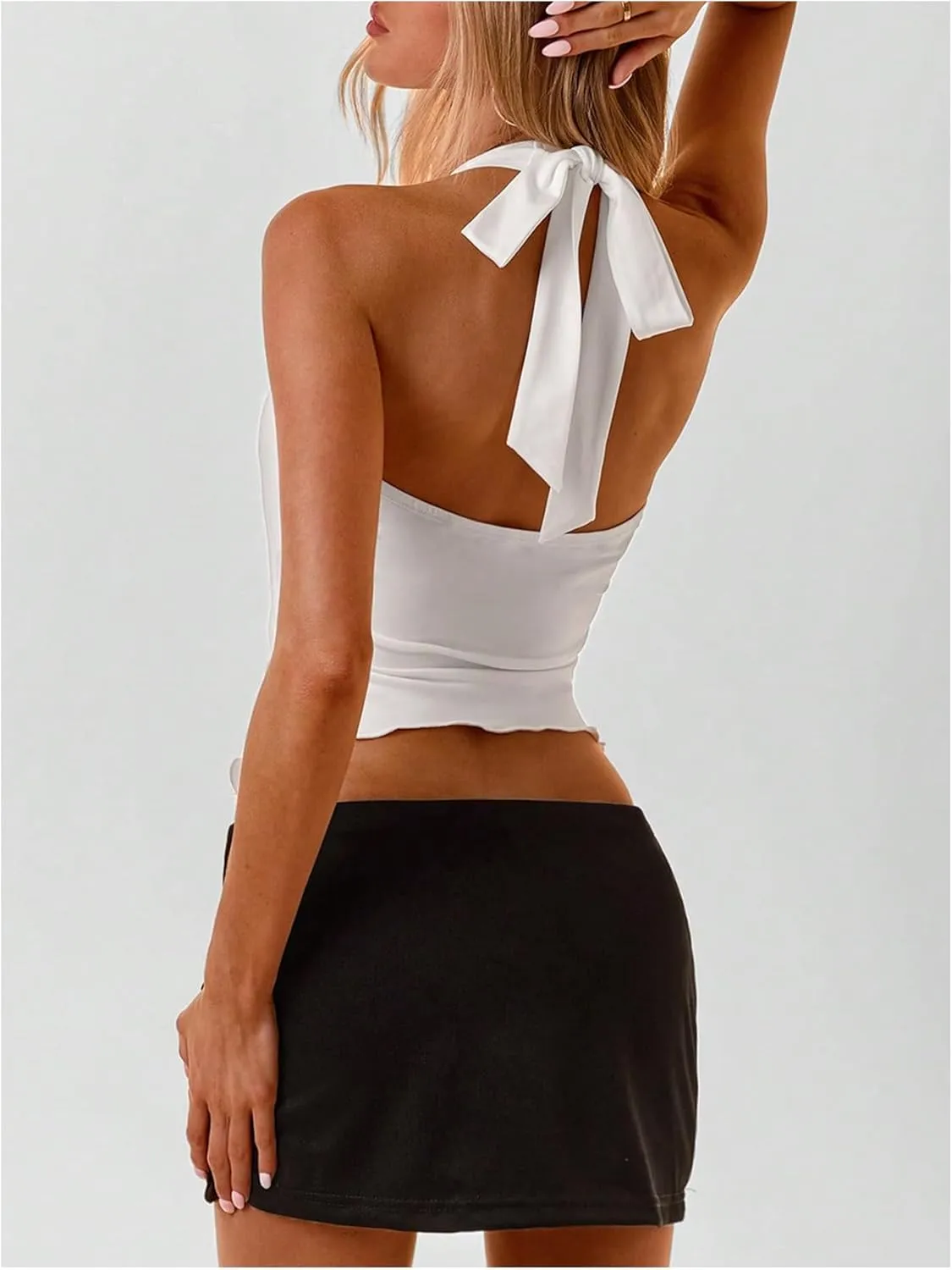 MakeMeChic Women's Wrap Lettuce Trim Halter Top Sleeveless Tie Back Summer Shirts