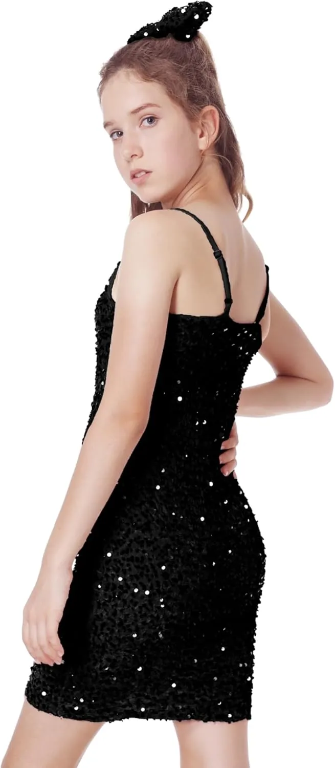 Mebius Girls Sequin Party Dress Bodycon Spaghetti Strap Mini Sparkle School Dance Birthday Special Occasion Dress 8-14Y