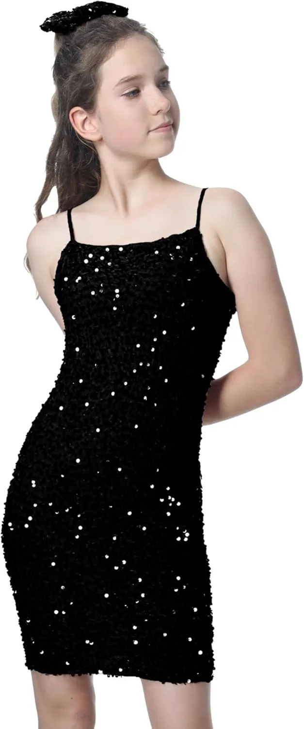 Mebius Girls Sequin Party Dress Bodycon Spaghetti Strap Mini Sparkle School Dance Birthday Special Occasion Dress 8-14Y