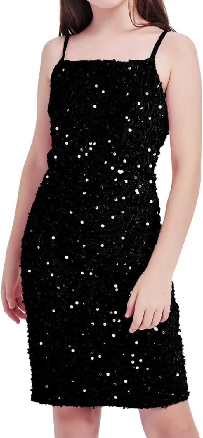 Mebius Girls Sequin Party Dress Bodycon Spaghetti Strap Mini Sparkle School Dance Birthday Special Occasion Dress 8-14Y