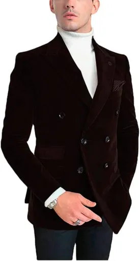 Mens Double Breasted Velvet Blazer Jacket Notch Lapel Dinner Coat Wedding Party Tuxedos Jacket Casual Wear
