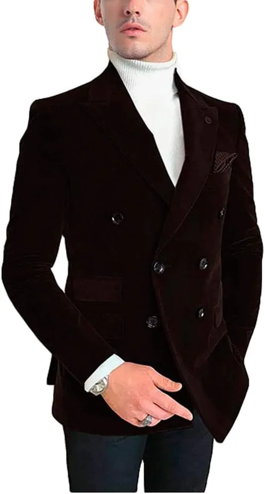 Mens Double Breasted Velvet Blazer Jacket Notch Lapel Dinner Coat Wedding Party Tuxedos Jacket Casual Wear
