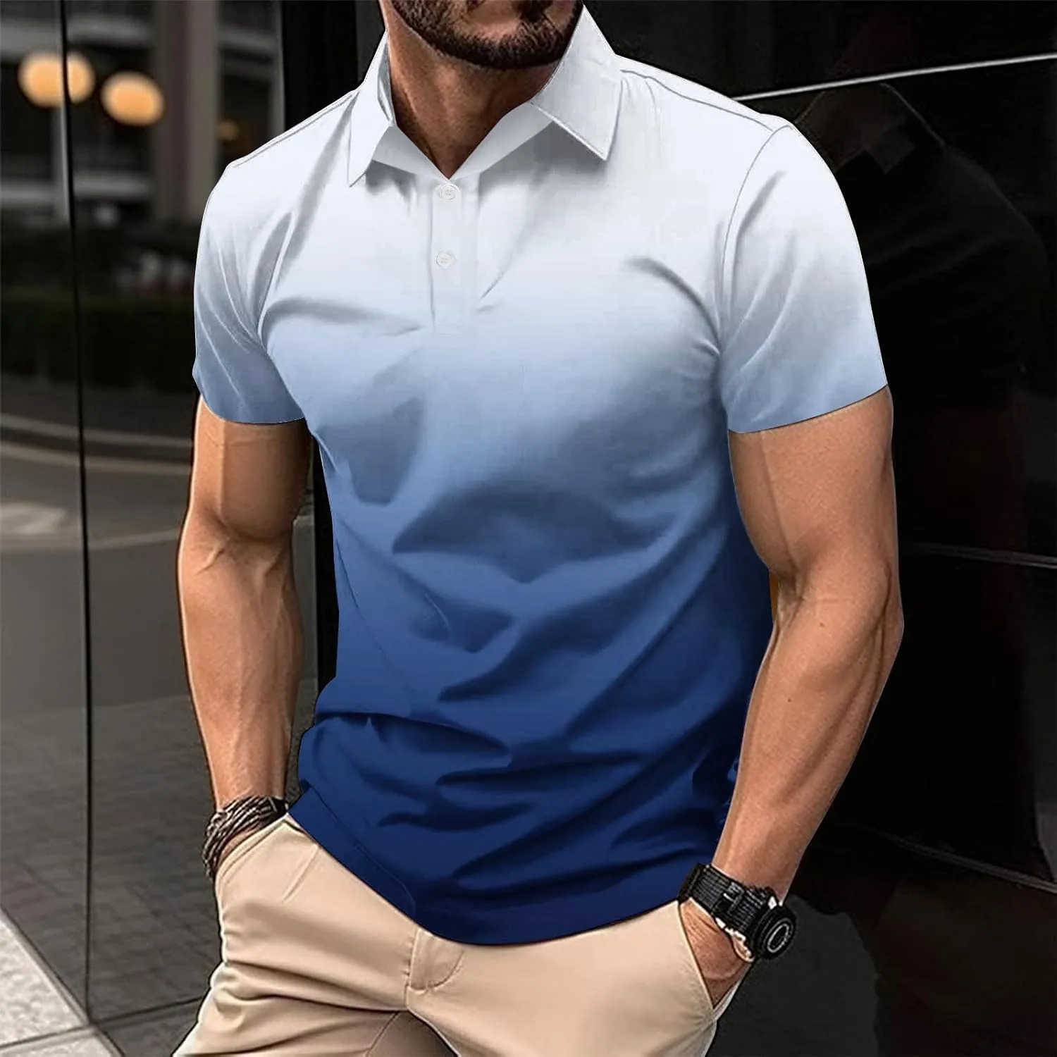 Mens Polo Shirts Short Sleeve Gradient Color Gym Workout Golf T-Shirt Casual Fashion V Neck Button Down Tops 2025