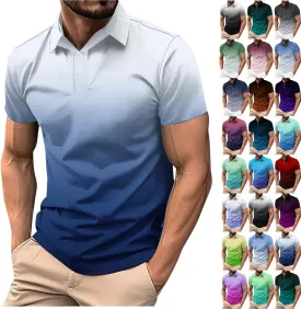 Mens Polo Shirts Short Sleeve Gradient Color Gym Workout Golf T-Shirt Casual Fashion V Neck Button Down Tops 2025