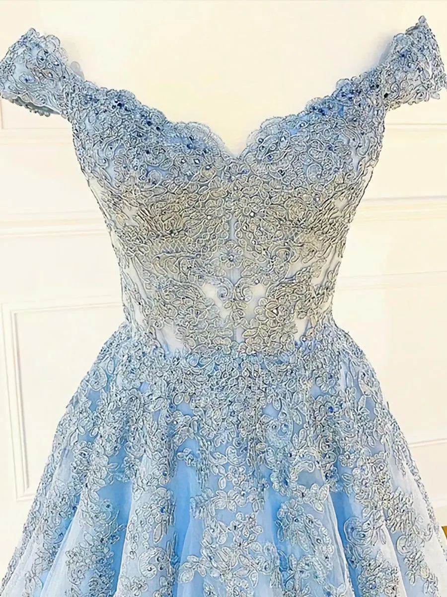 Off the Shoulder Light Blue Lace Prom Dresses Off the Shoulder Blue Lace Formal Evening Dresses