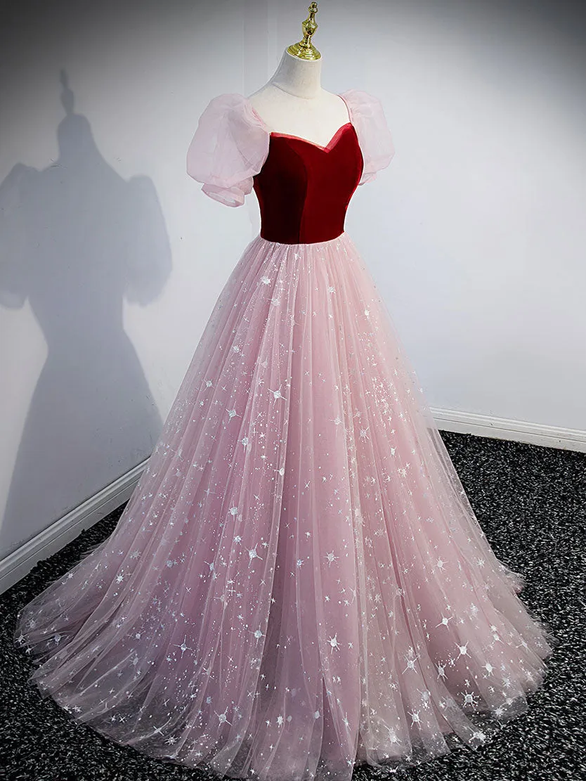 Pink A line Tulle Long Prom Dress Pink Tulle Evening Graduation Dresses
