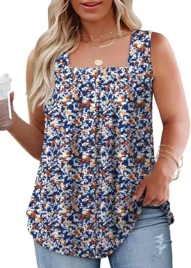 Plus-Size-Tank-Tops for Women Summer Pleated Square Neck Tunics Trendy Casual Floral Print Sleeveless Shirts 1X-5X