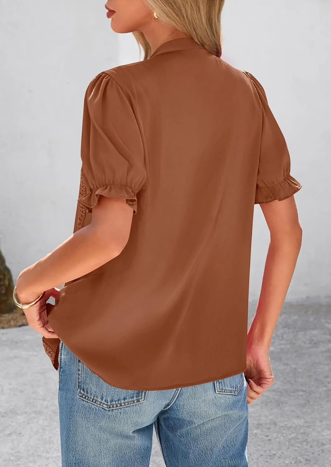 PRETTYGARDEN Womens Puff Ruffle Sleeve Tops 2025 Summer Trendy V Neck Button Down Shirts Casual Embroidery Chiffon Blouses