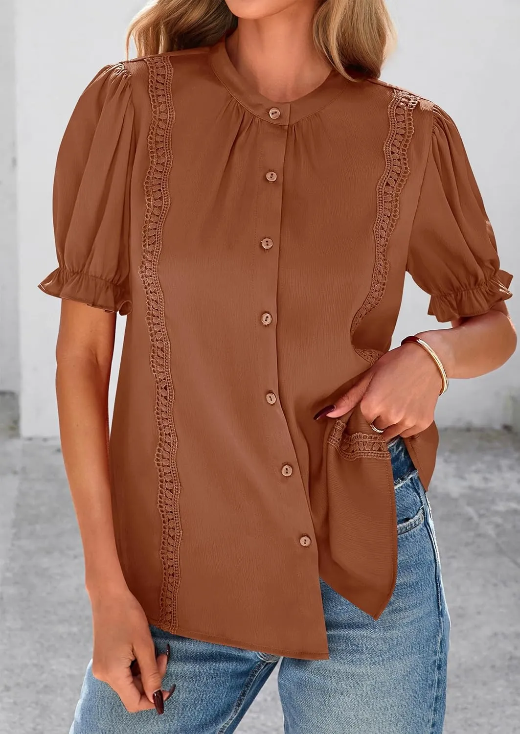 PRETTYGARDEN Womens Puff Ruffle Sleeve Tops 2025 Summer Trendy V Neck Button Down Shirts Casual Embroidery Chiffon Blouses