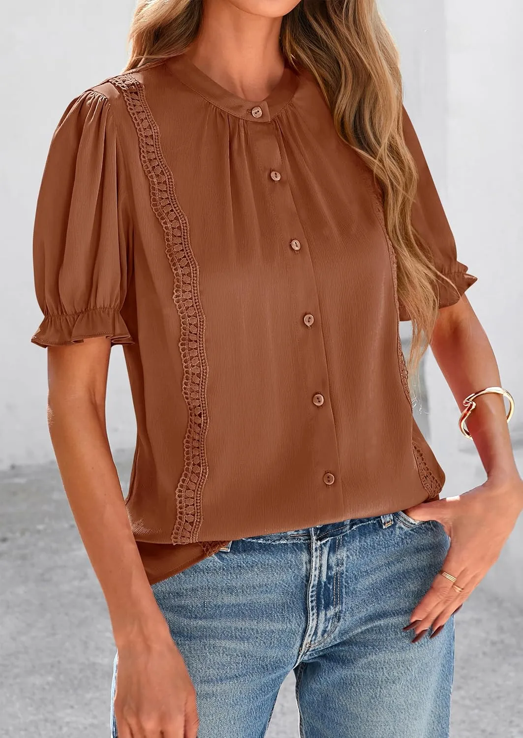 PRETTYGARDEN Womens Puff Ruffle Sleeve Tops 2025 Summer Trendy V Neck Button Down Shirts Casual Embroidery Chiffon Blouses