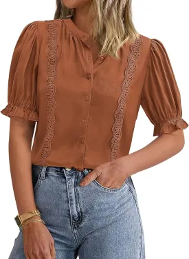 PRETTYGARDEN Womens Puff Ruffle Sleeve Tops 2025 Summer Trendy V Neck Button Down Shirts Casual Embroidery Chiffon Blouses