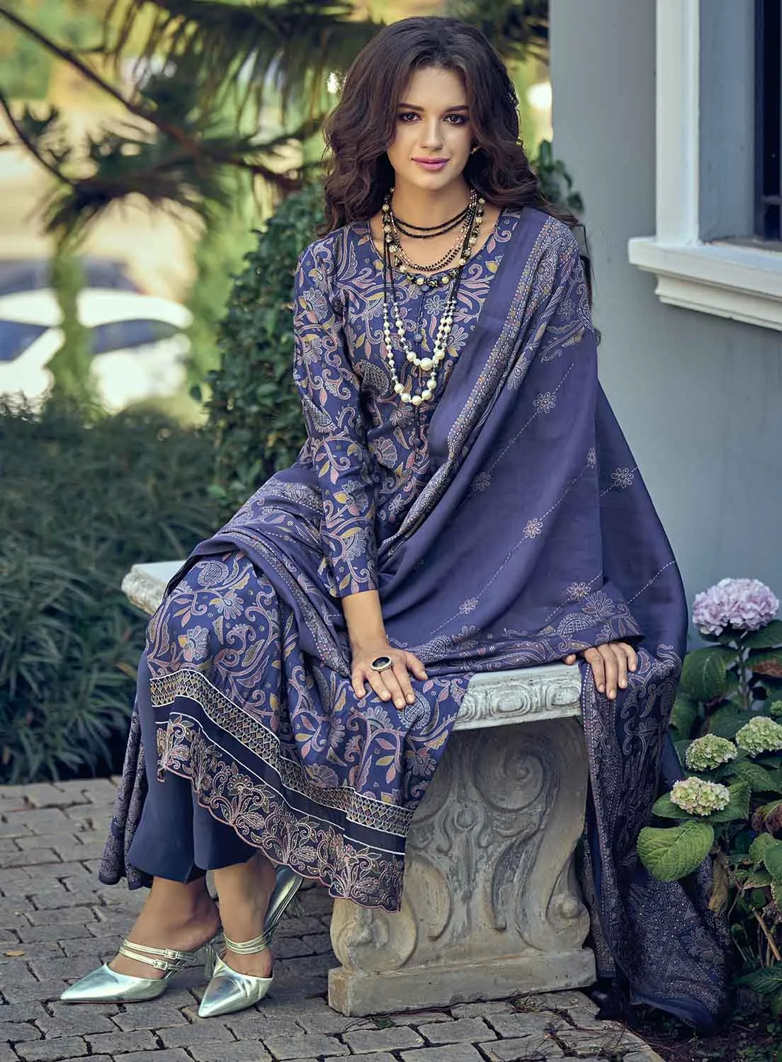 Pure Muslin Blue Unstitched Suit Material with Fancy Embroidery