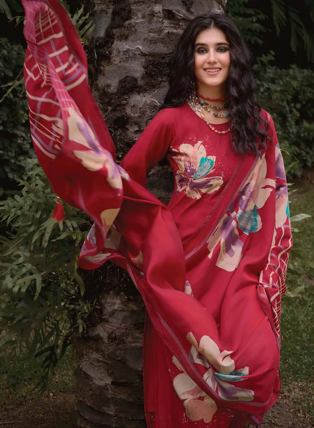 Red Pure Muslin Unstitched Suit Dress Material with Dupatta for Women