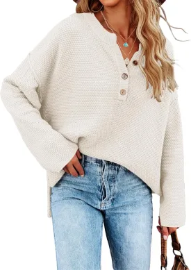 Saodimallsu Women's Oversized Sweaters Batwing Long Sleeve Loose V Neck Button Henley Tops Pullover Knit Jumper