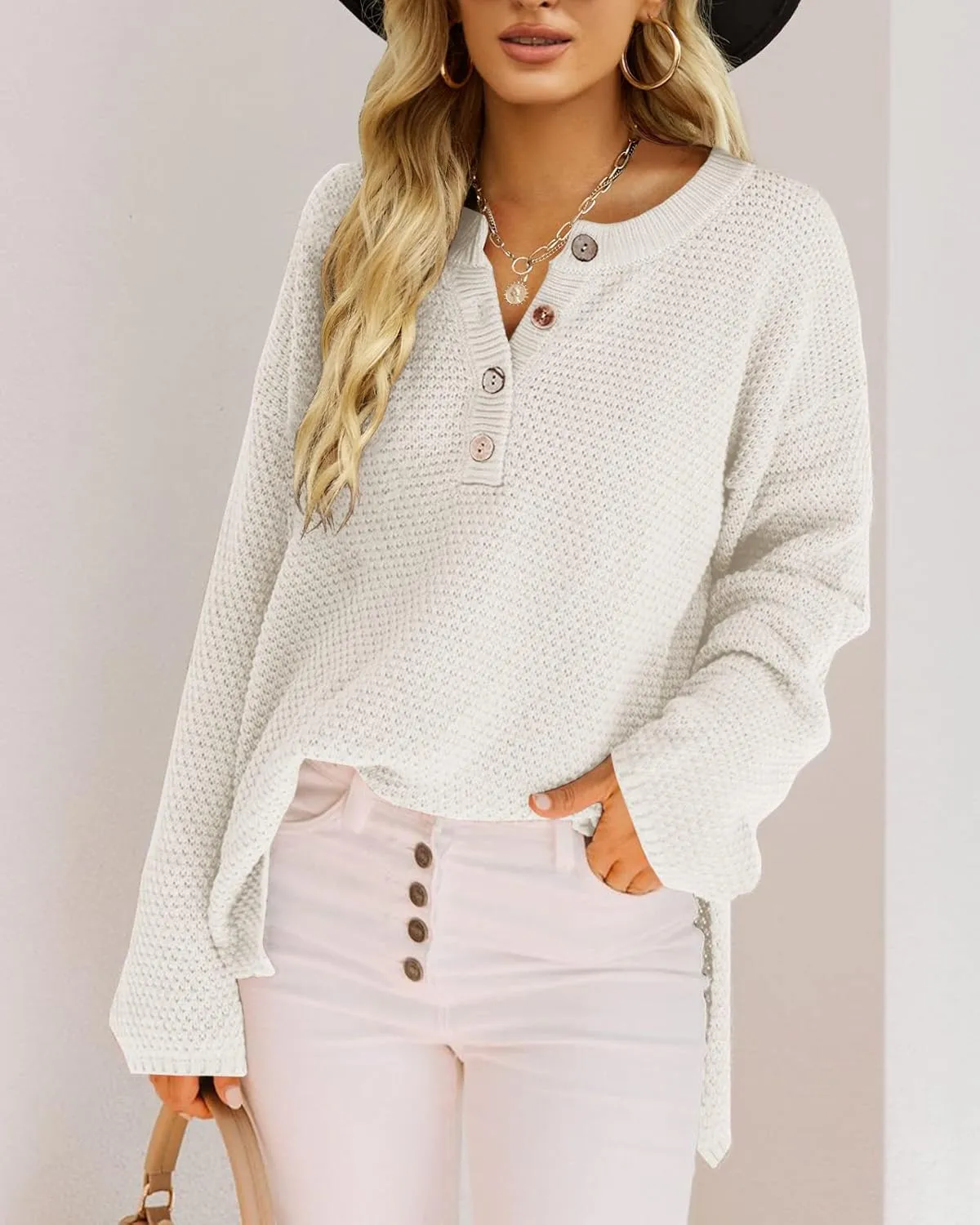 Saodimallsu Women's Oversized Sweaters Batwing Long Sleeve Loose V Neck Button Henley Tops Pullover Knit Jumper